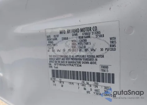 2007 Ford Ranger z USA, uszkodzony, nr VIN 1FTYR10U17PA77334